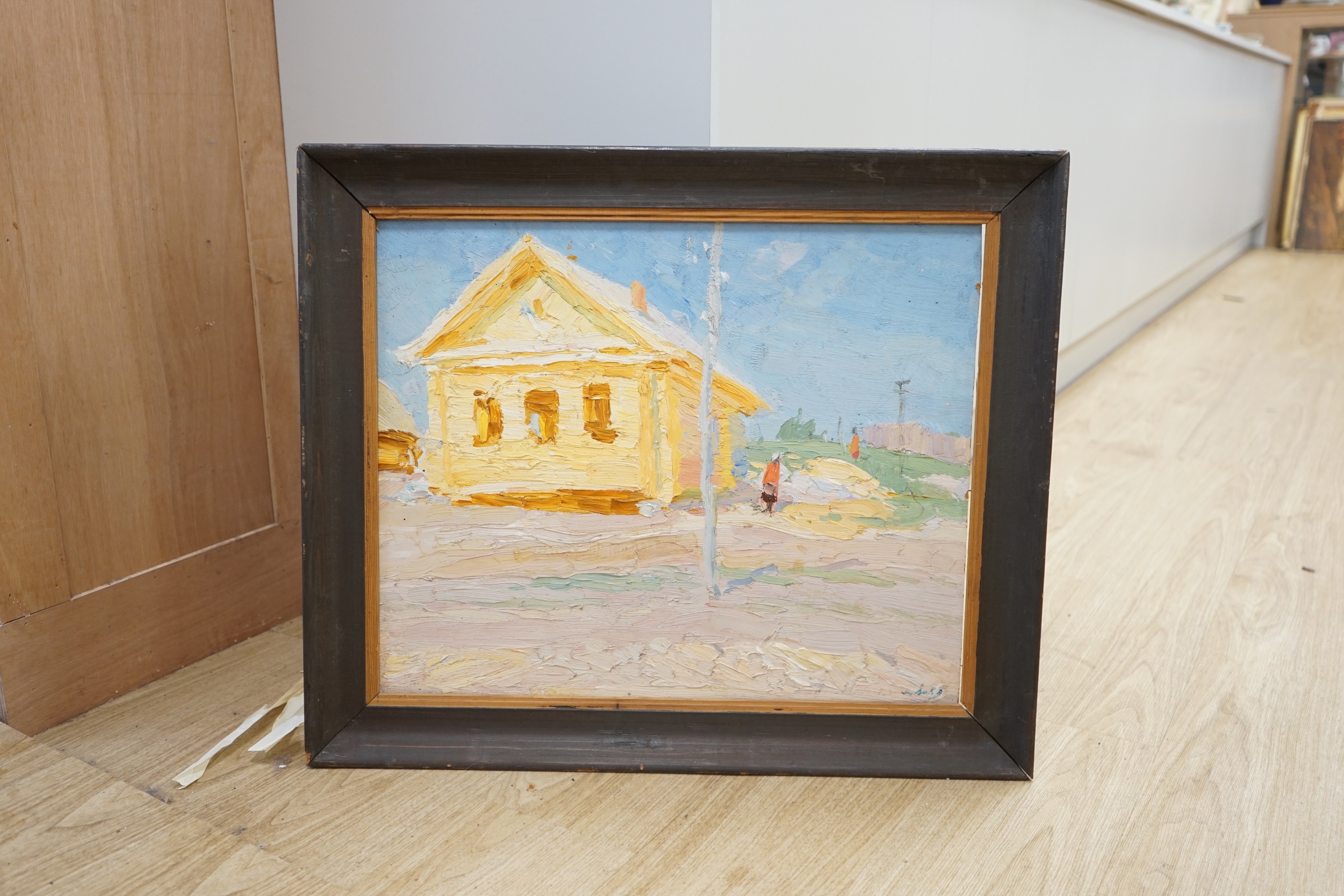 Russian School, oil on card, Figures and house in summertime, indistinctly signed, 48 x 59cm
